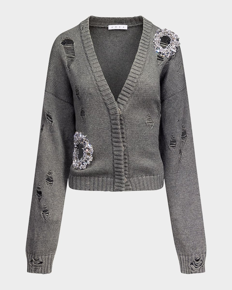 Distressed Crystal V-Neck Cardigan